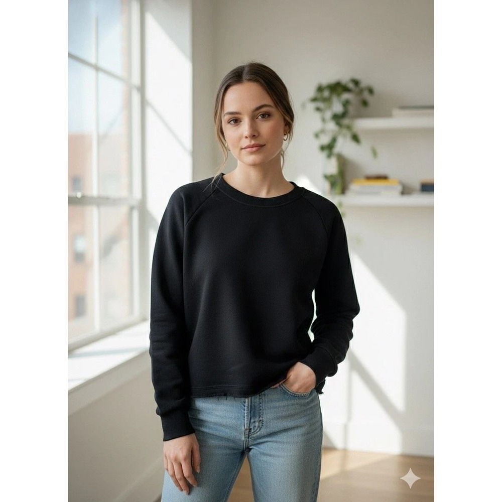 Alternative Black Sleeve Crew Neck‎ Sweatshirt Raw Hem Pullover Top XL